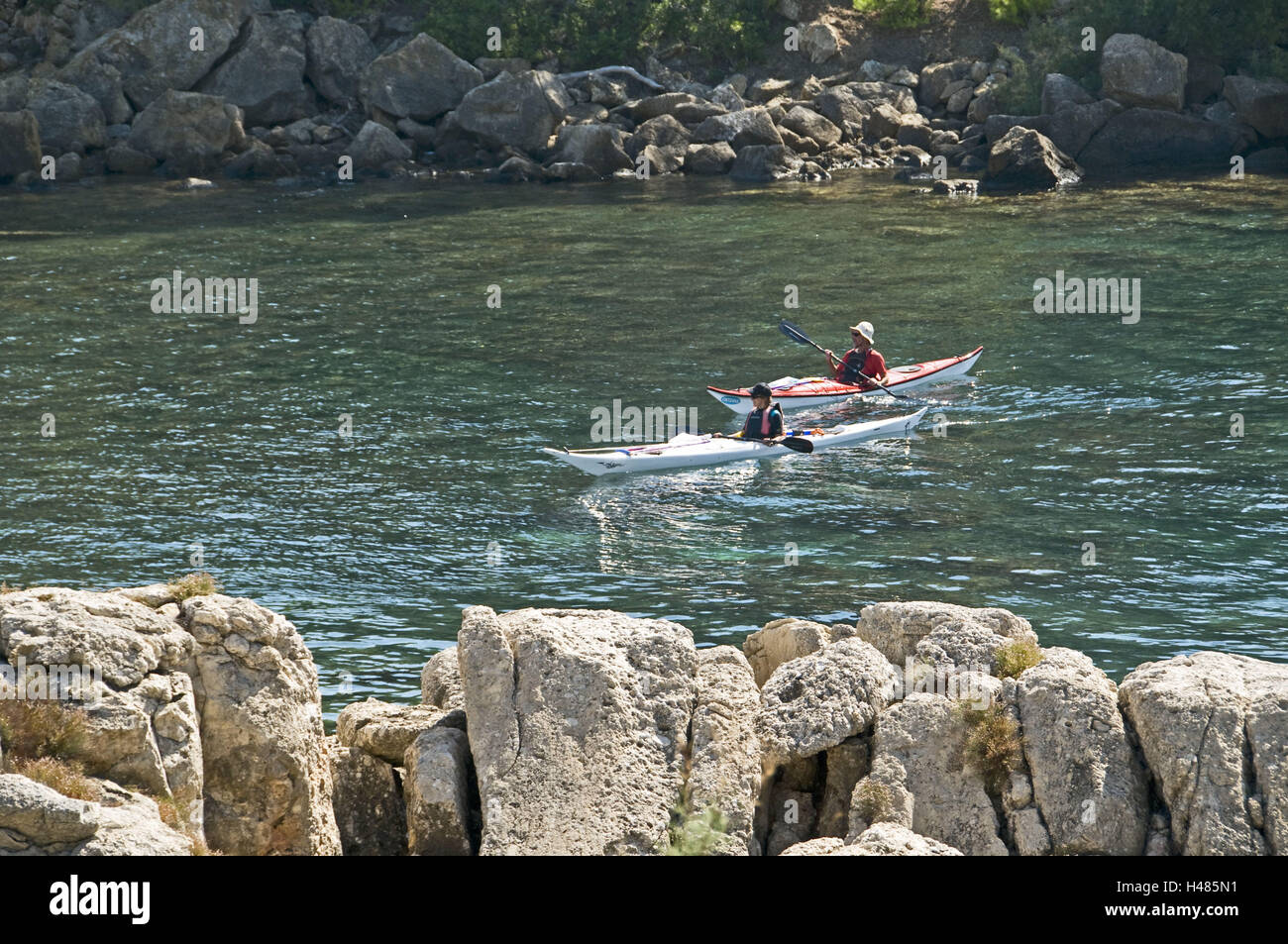 Spain, the Balearic Islands, Majorca, island Dragonera, Cala Lladó, canoes, Stock Photo