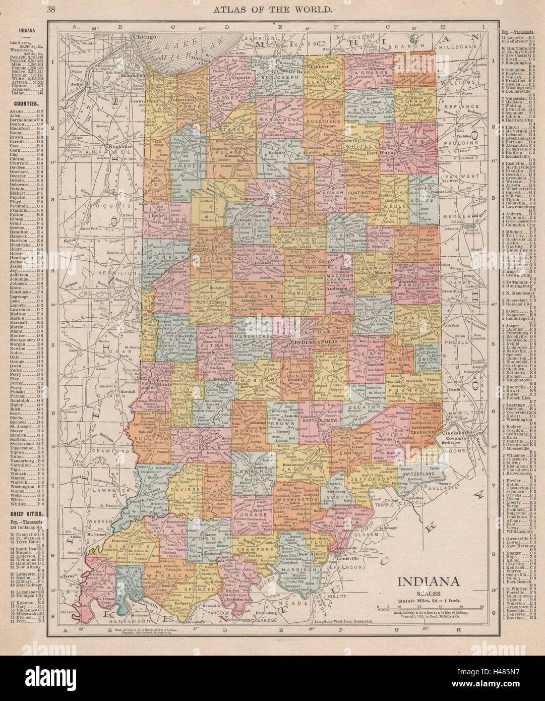Indiana state map showing counties. RAND MCNALLY 1912 old antique chart Stock Photo