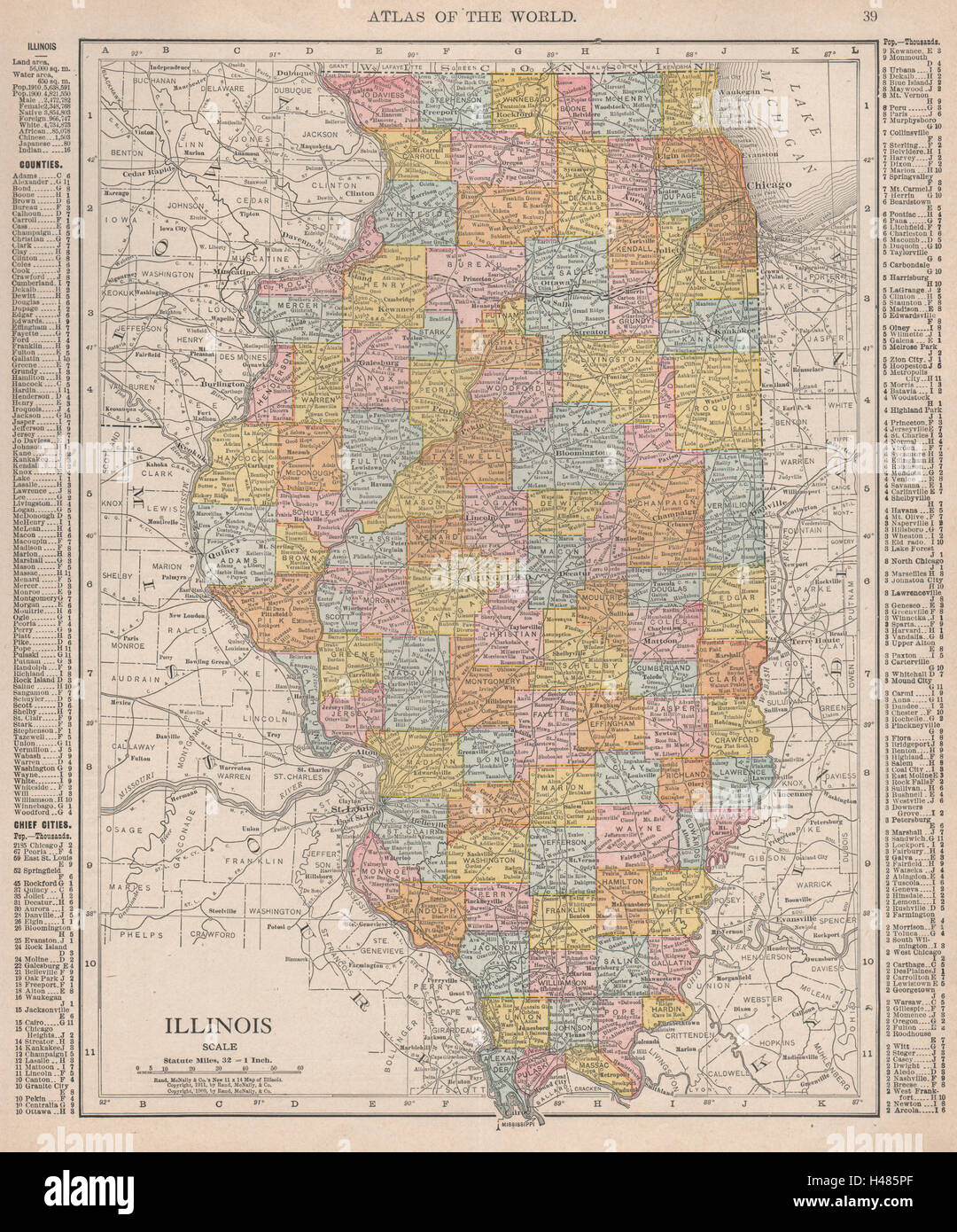 Illinois state map showing counties. RAND MCNALLY 1912 old antique chart Stock Photo