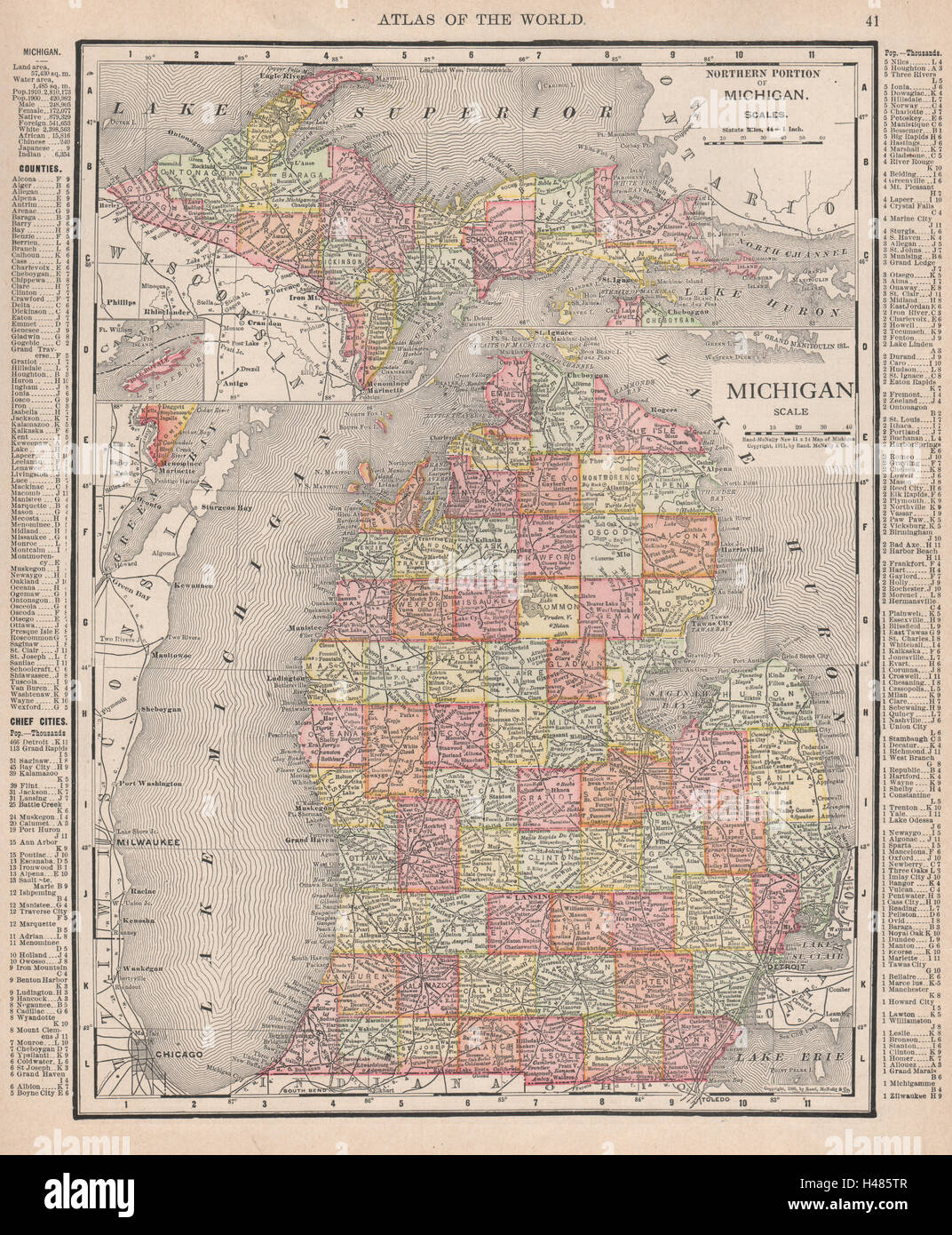 Michigan state map showing counties. RAND MCNALLY 1912 old antique chart Stock Photo