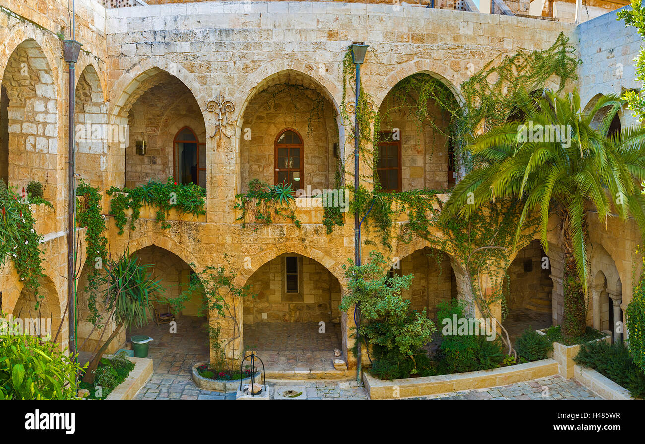 Panorama of the courtyard of Lutheran Kirche of the Redeemer and its beautiful garden, Jerusalem, Israel Stock Photo