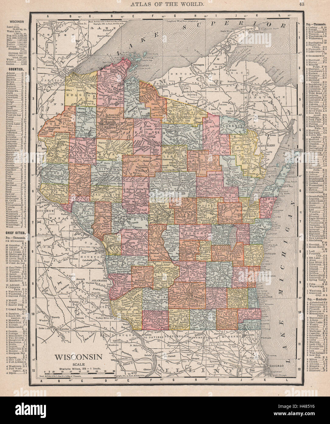 Wisconsin state map showing counties. RAND MCNALLY 1912 old antique chart Stock Photo