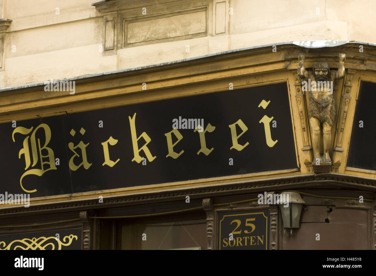 Austria, Vienna, mountain Spittel, castle lane 29, old house facade with baker's sign, Stock Photo