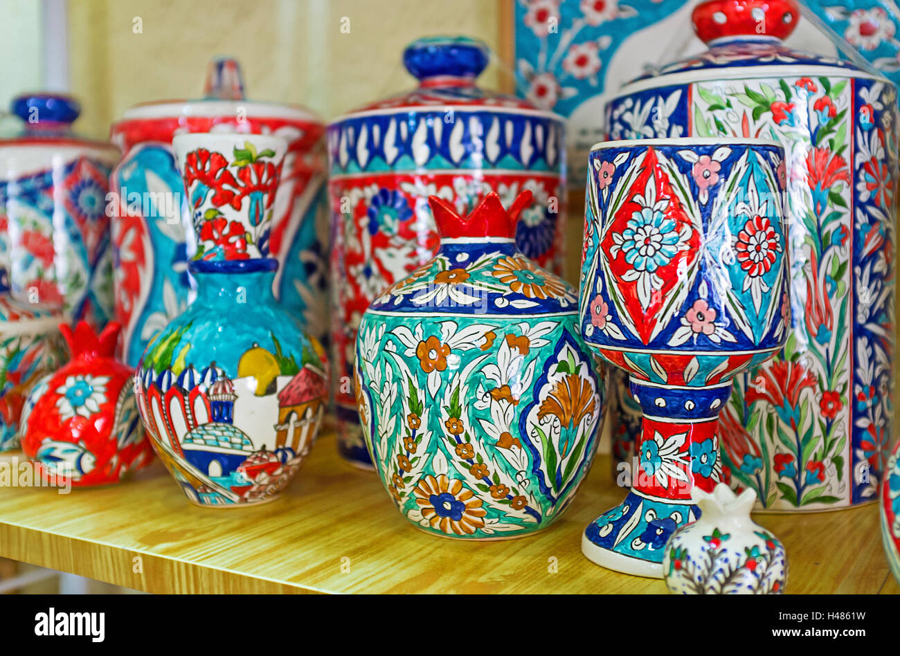 The colorful pottery in traditional armenian style in the souvenir shop