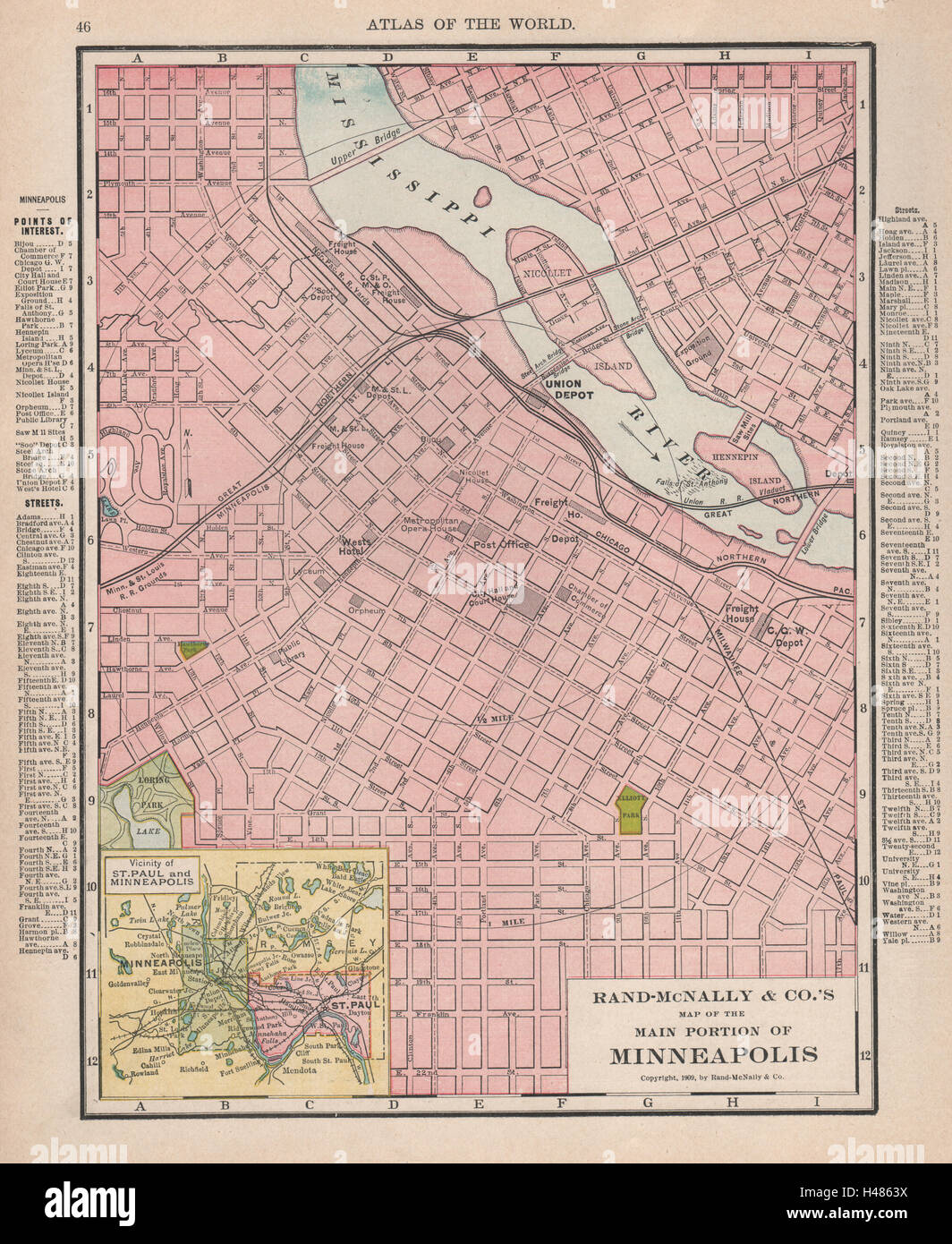 Minneapolis town city map plan. Minnesota. RAND MCNALLY 1912 old antique Stock Photo
