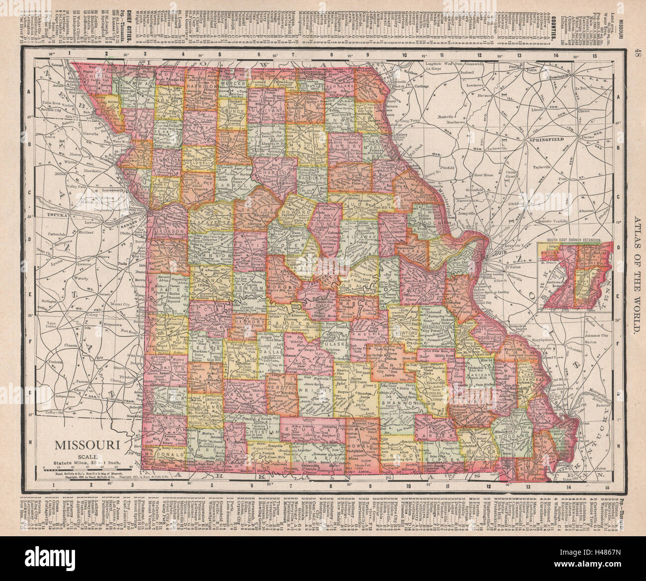 Missouri state map showing counties. RAND MCNALLY 1912 old antique chart Stock Photo