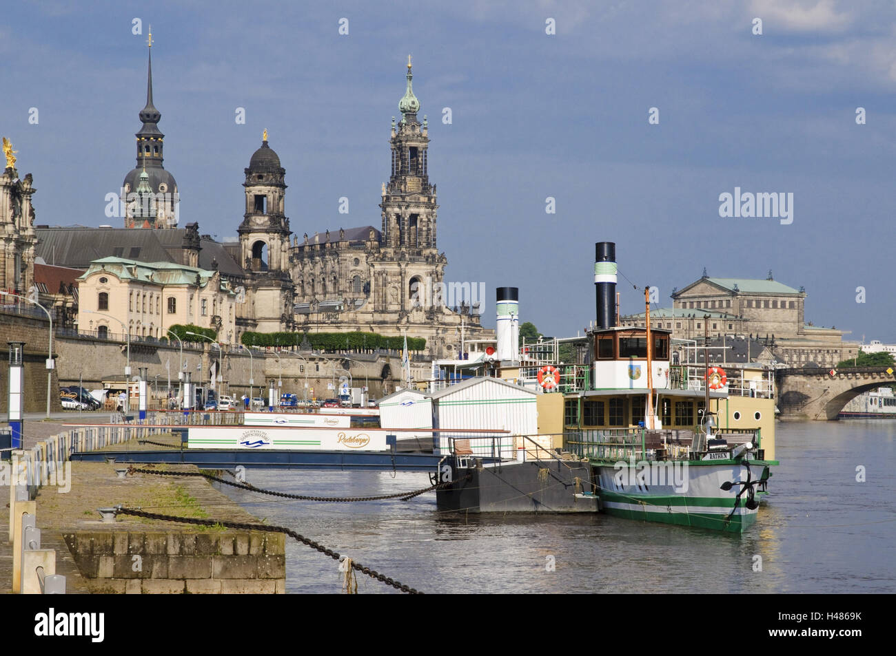 View over the Elbe on baroque Old Town, historical scenery, ships of the white fleet, Dresden, Saxony, Germany, Stock Photo
