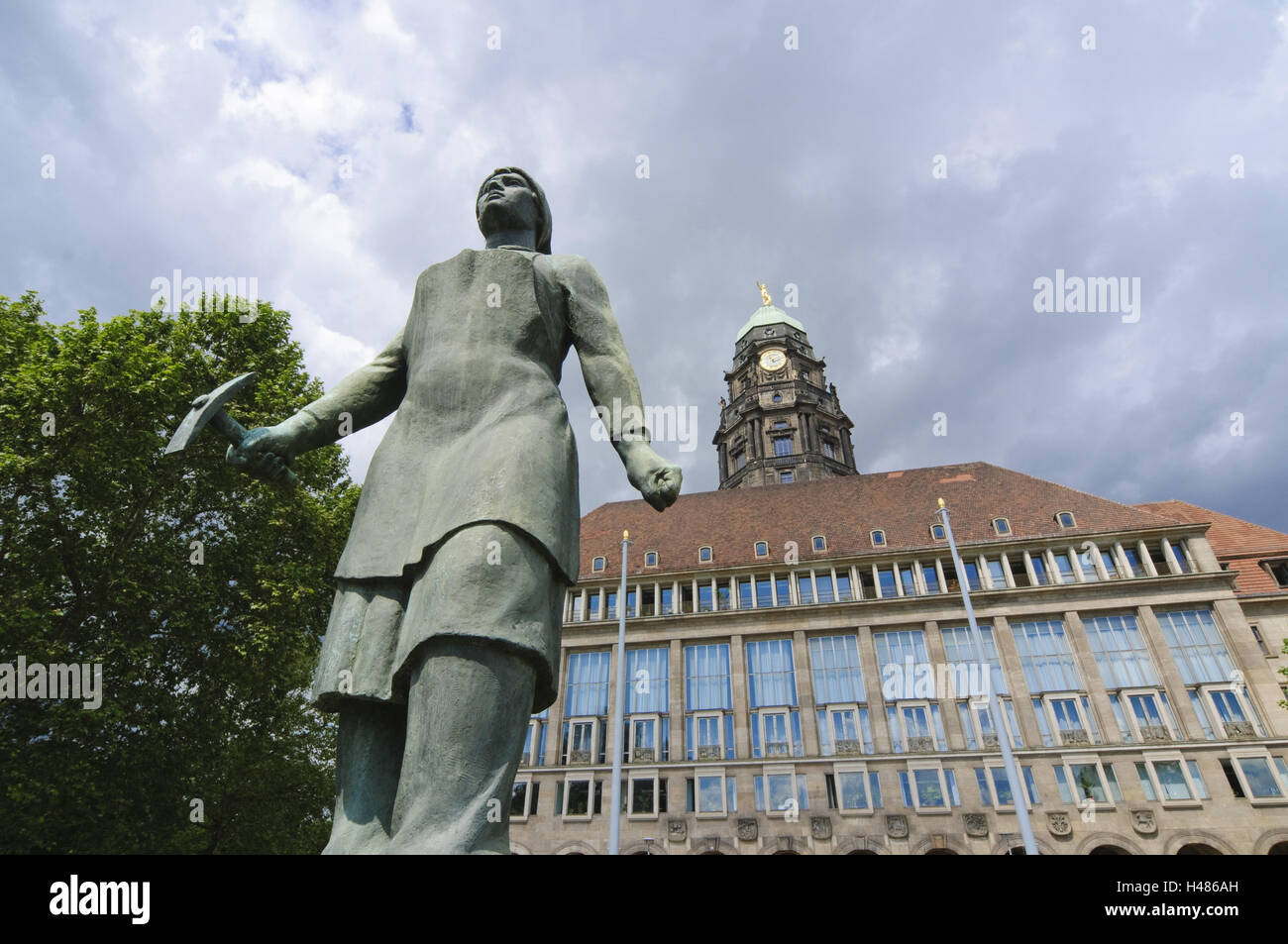 New city hall, remains woman's monument, Dresden, Saxon, Germany, Stock Photo
