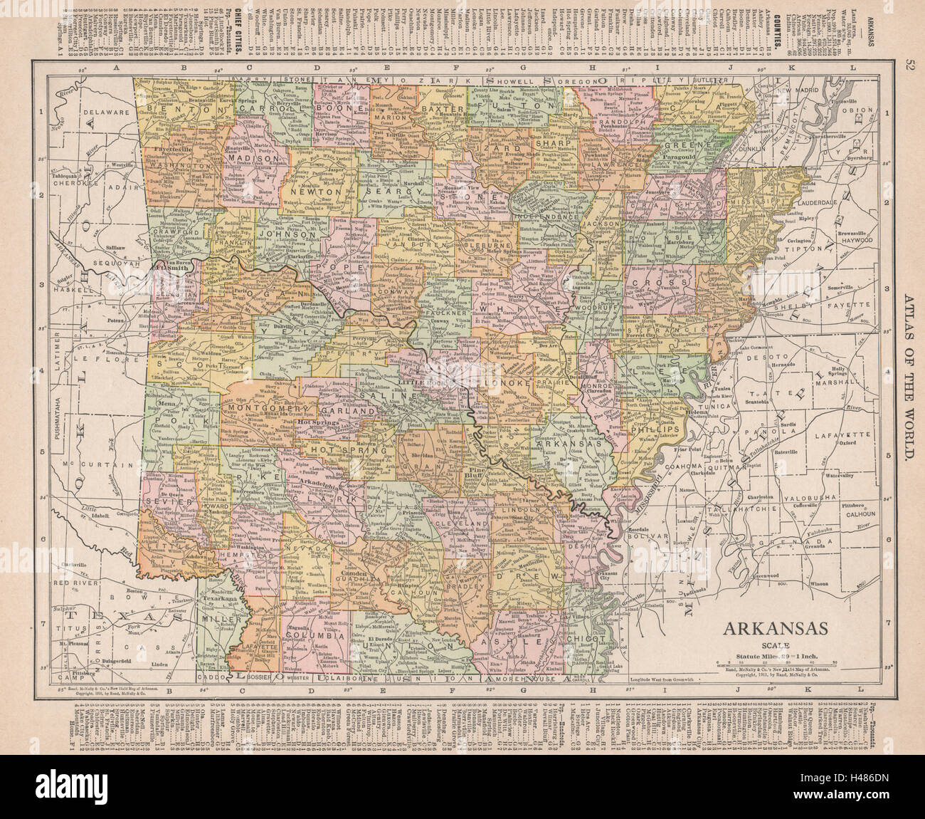 Arkansas state map showing counties. RAND MCNALLY 1912 old antique chart Stock Photo