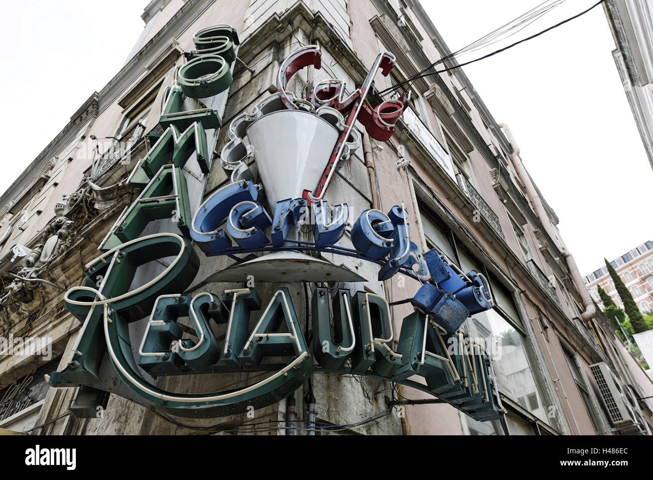 decayed restaurant, neon sign, Avenida da Liberdade, district Sao Jose, Lisbon, Portugal, Stock Photo