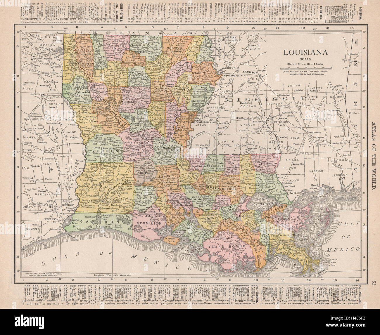 Louisiana state map showing parishes. RAND MCNALLY 1912 old antique chart Stock Photo