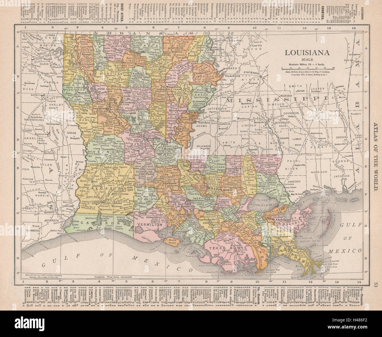 Louisiana state map showing parishes. RAND MCNALLY 1912 old antique