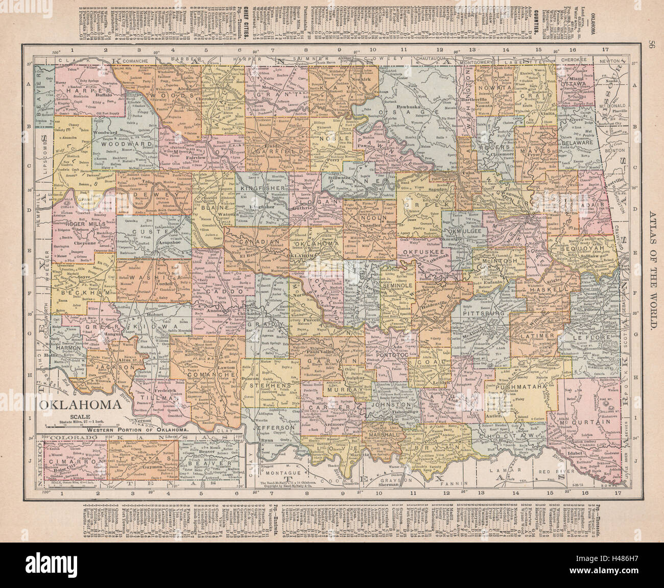 Oklahoma state map showing counties. RAND MCNALLY 1912 old antique chart Stock Photo