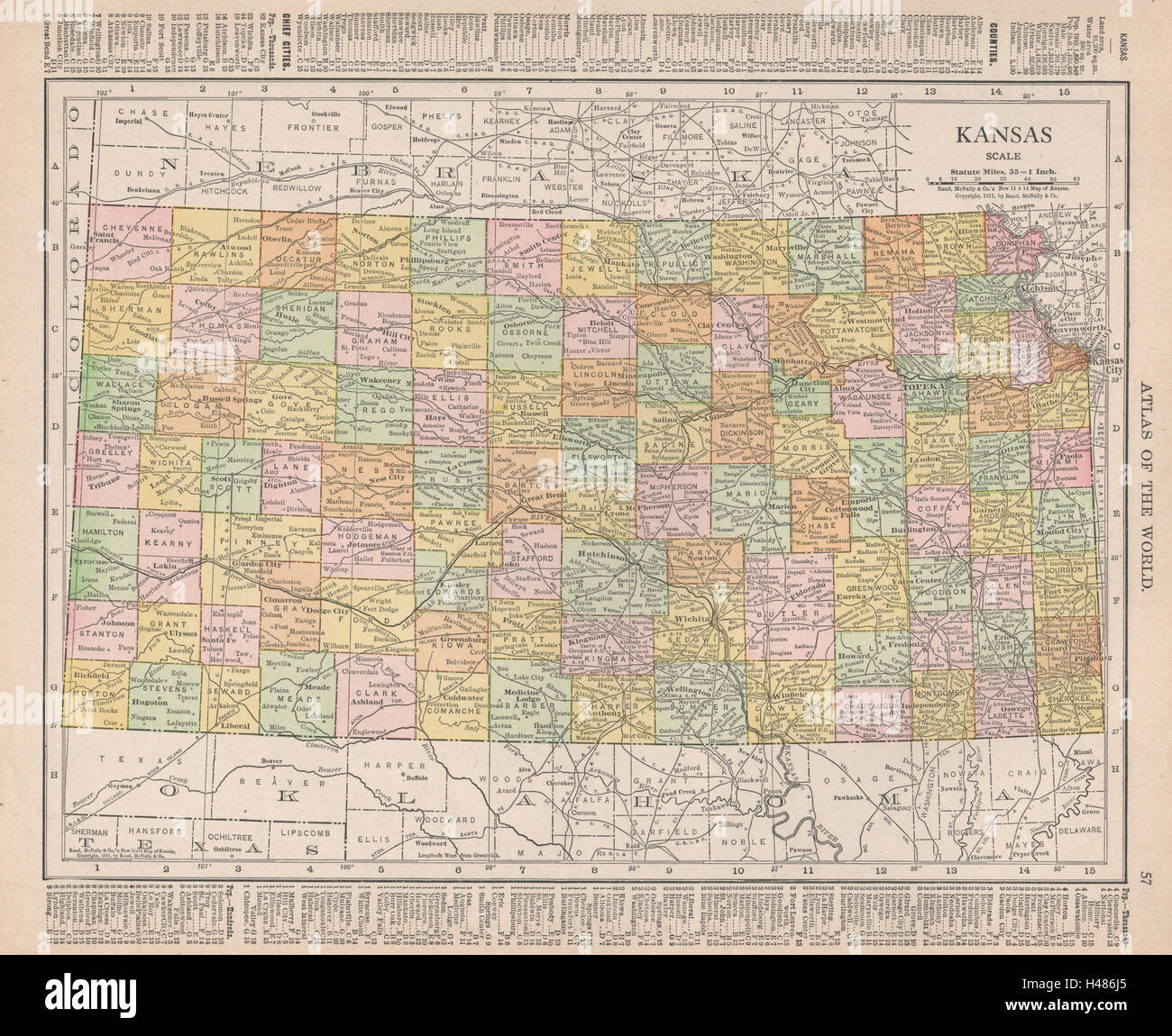 Kansas state map showing counties. RAND MCNALLY 1912 old antique chart Stock Photo