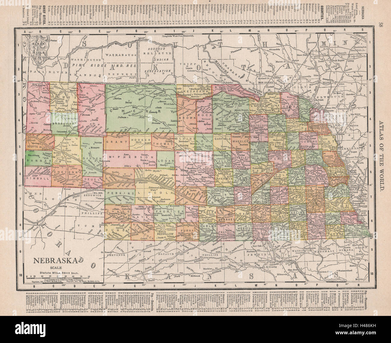 Nebraska state map showing counties. RAND MCNALLY 1912 old antique chart Stock Photo