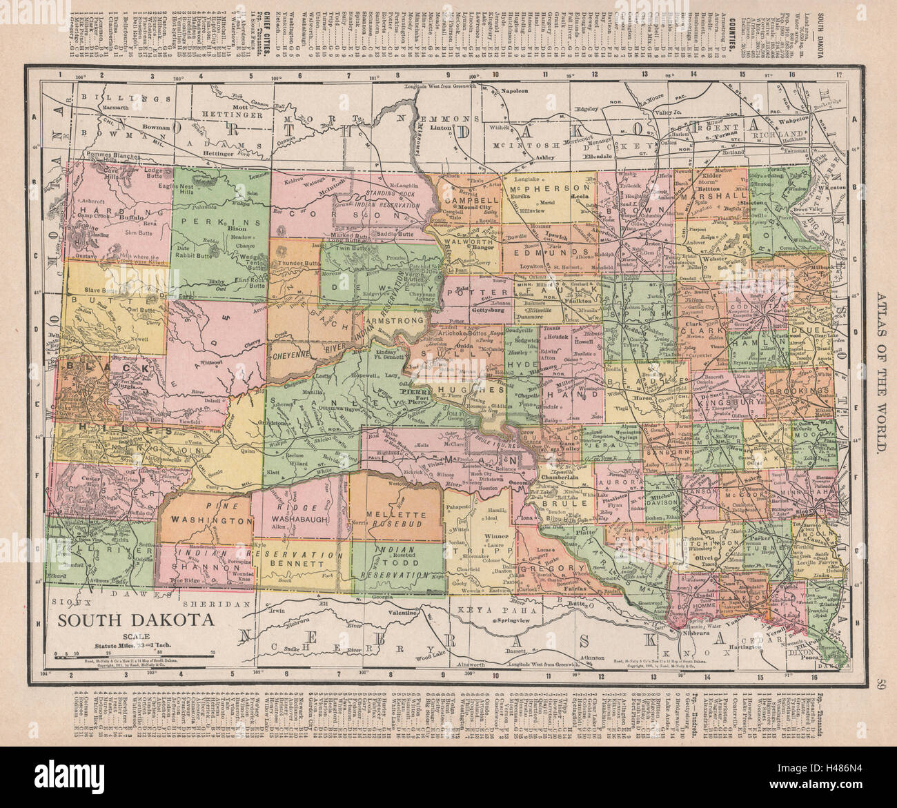 South Dakota state map showing counties. RAND MCNALLY 1912 old antique Stock Photo