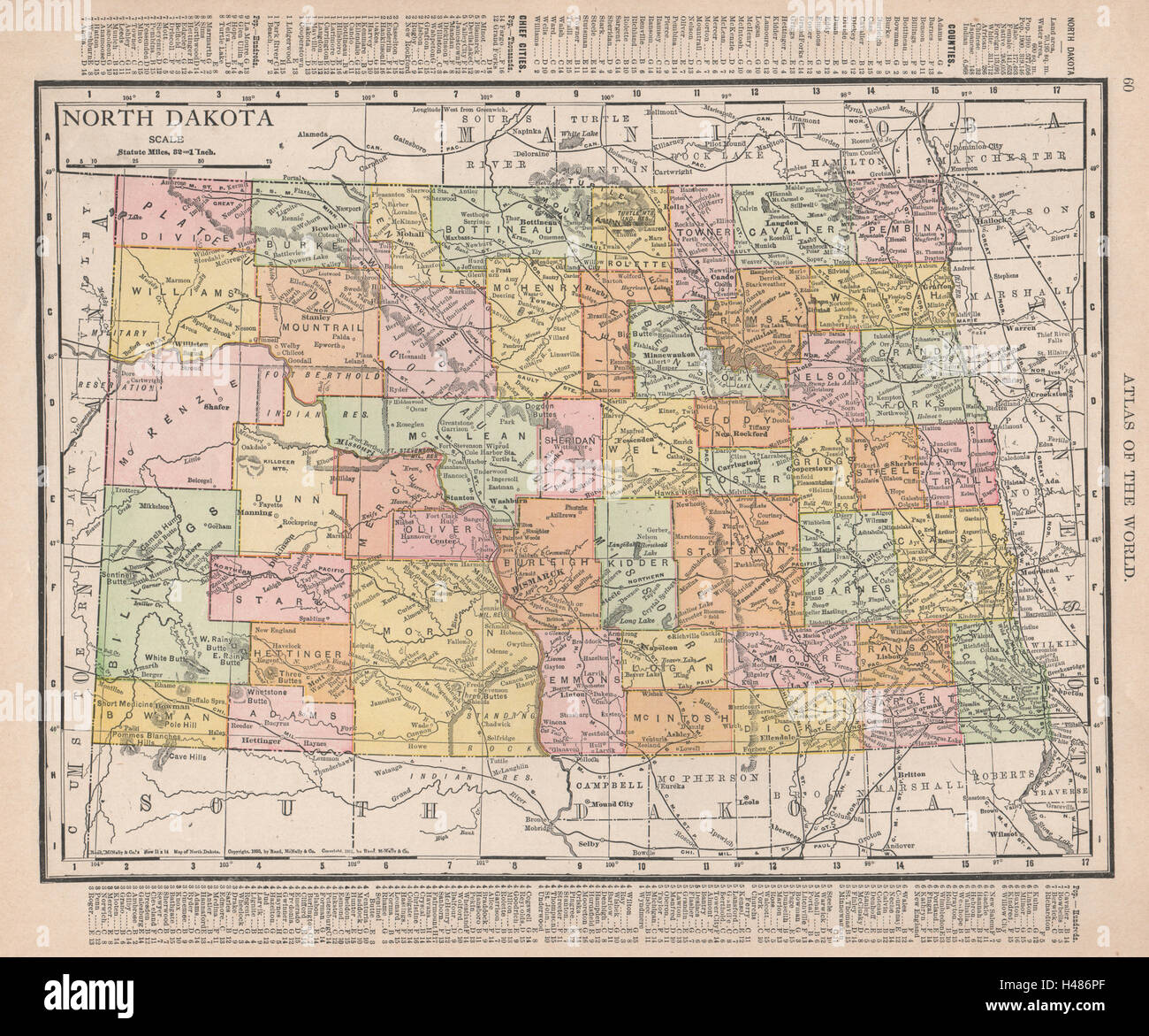 North Dakota state map showing counties. RAND MCNALLY 1912 old antique Stock Photo