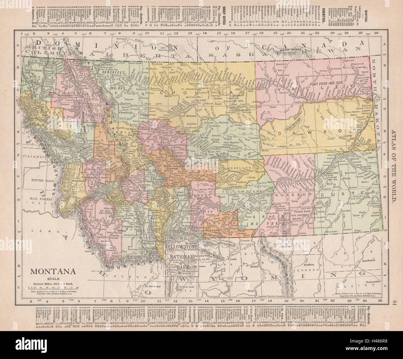 Montana state map showing counties. Yellowstone. RAND MCNALLY 1912 old Stock Photo