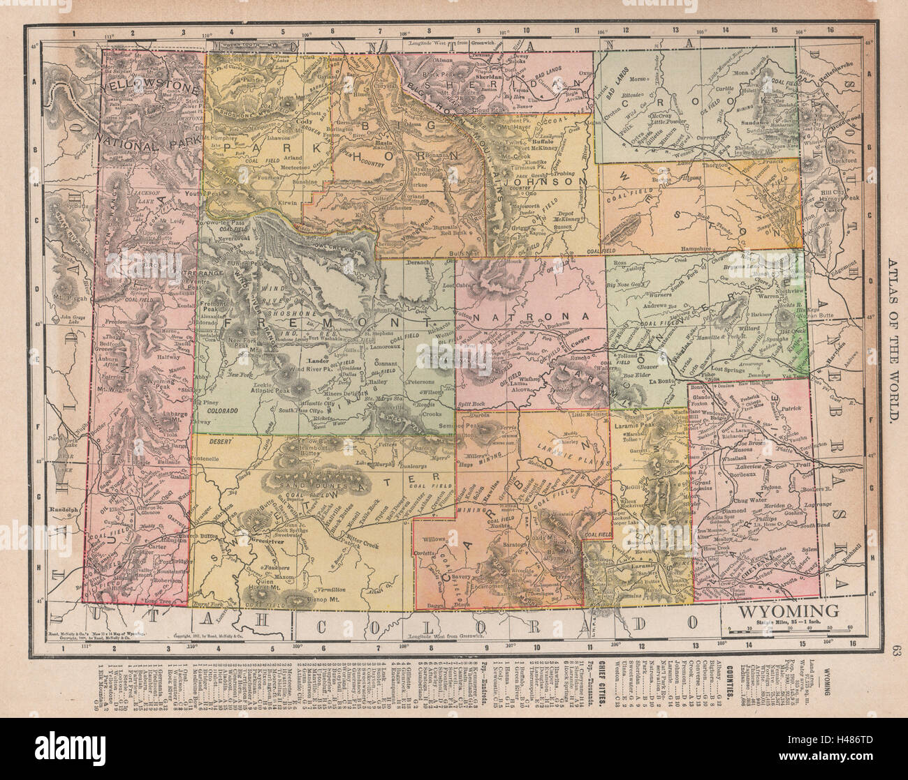Wyoming state map showing counties. Yellowstone. RAND MCNALLY 1912 old Stock Photo