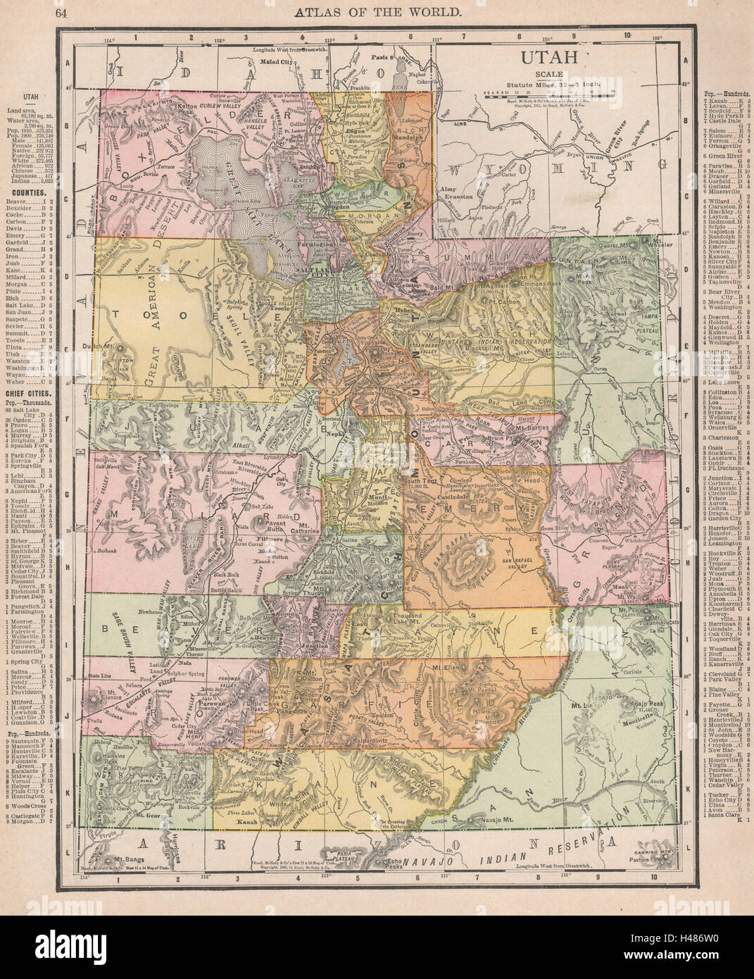 Utah state map showing counties. RAND MCNALLY 1912 old antique plan chart Stock Photo