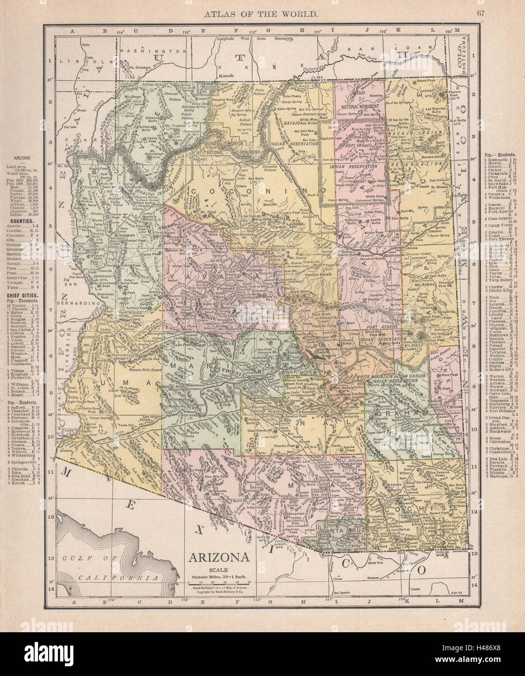 Arizona state map showing counties. RAND MCNALLY 1912 old antique chart Stock Photo
