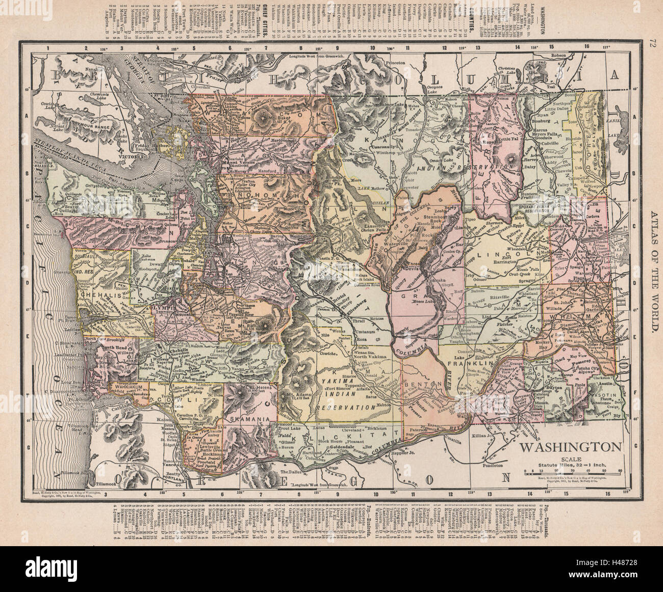 Washington State state map showing counties. RAND MCNALLY 1912 old antique Stock Photo
