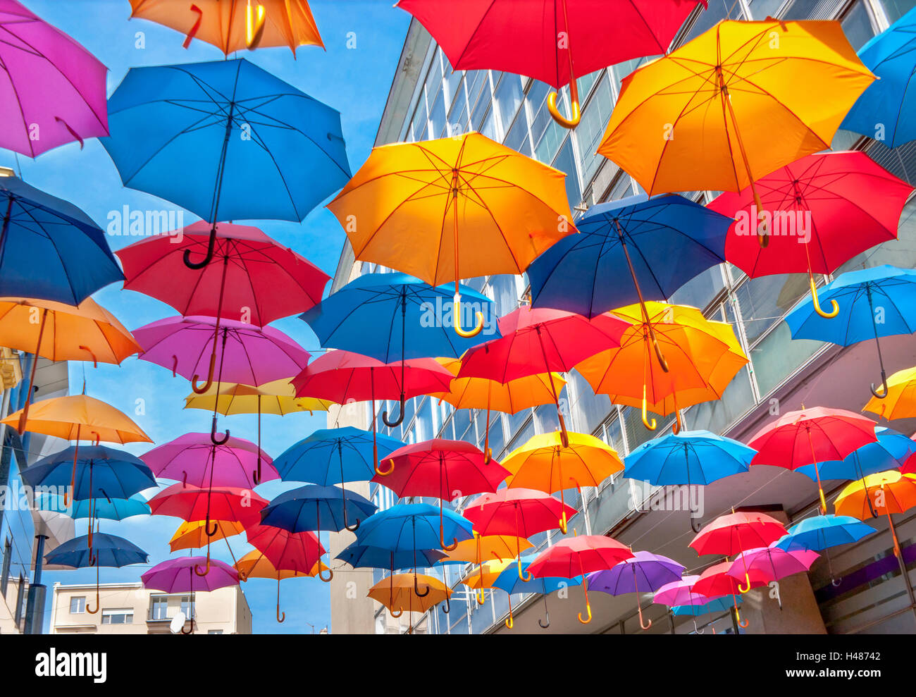 We can stop the rain! The interesting decoration on one of Belgrade streets, Serbia. Stock Photo