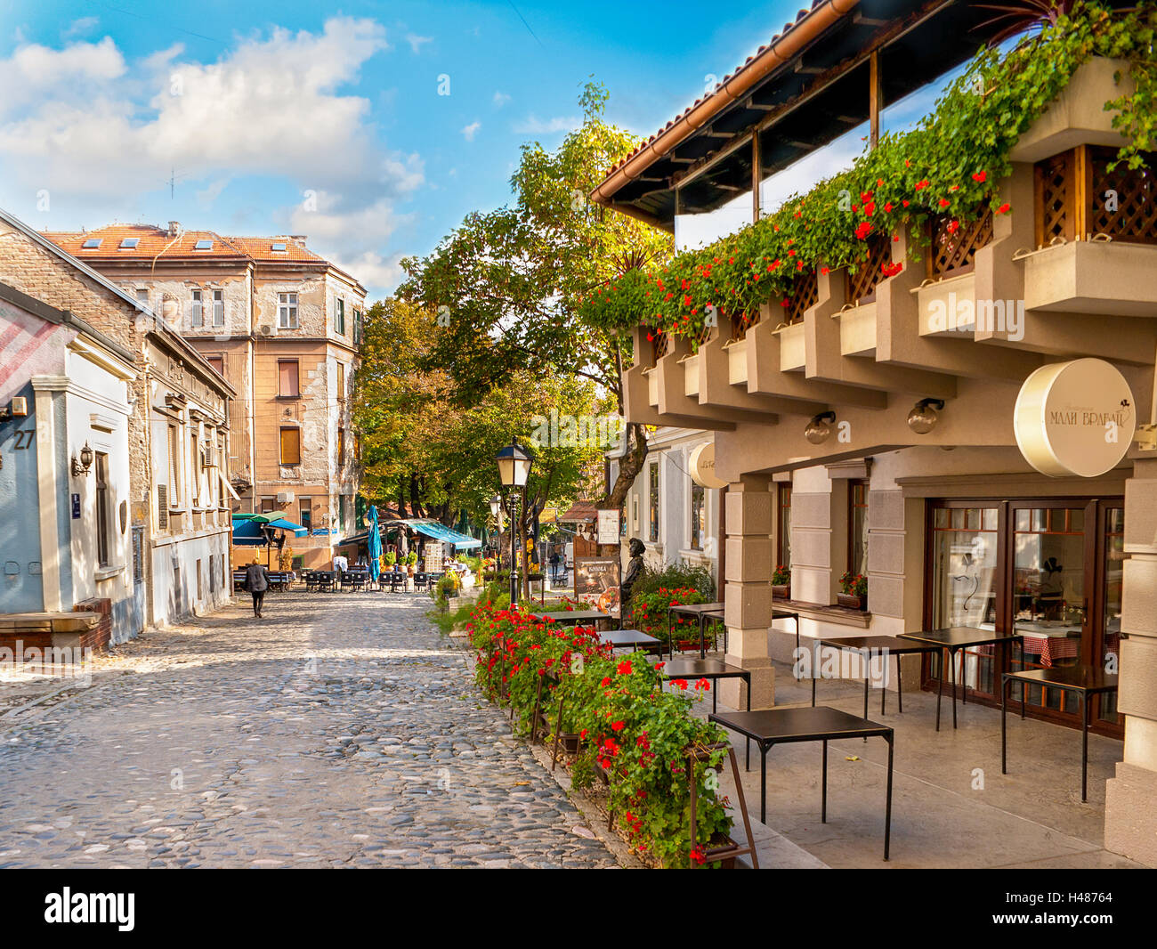 The cozy cafe with terrace onhistoric Skadarlija street, Belgrade. Stock Photo