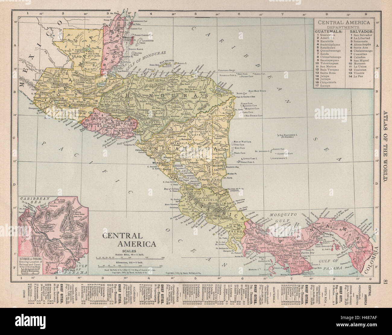 Central America. Isthmus of Panama. Canal. RAND MCNALLY 1912 old antique map Stock Photo