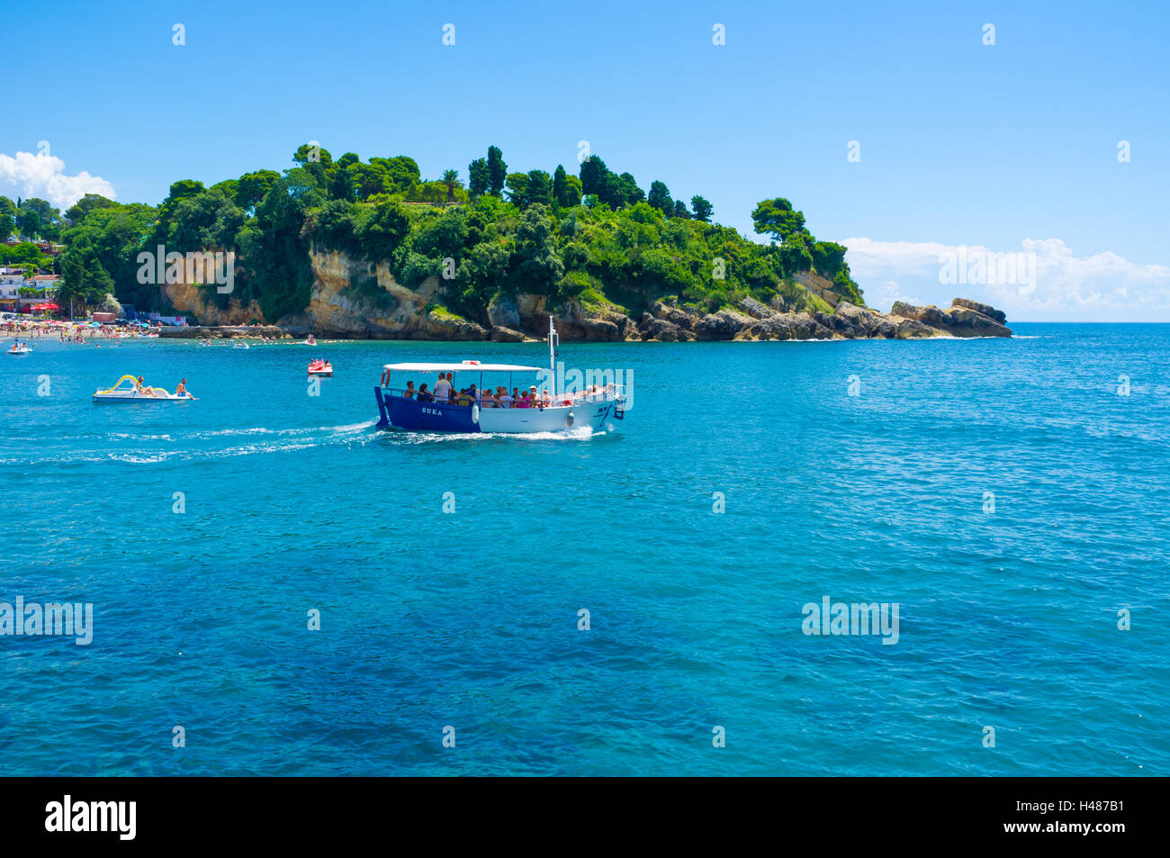 The city of Ulcinj boasts the scenic coast with high cliffs, bright blue sea and cozy sand beach, Montenegro. Stock Photo