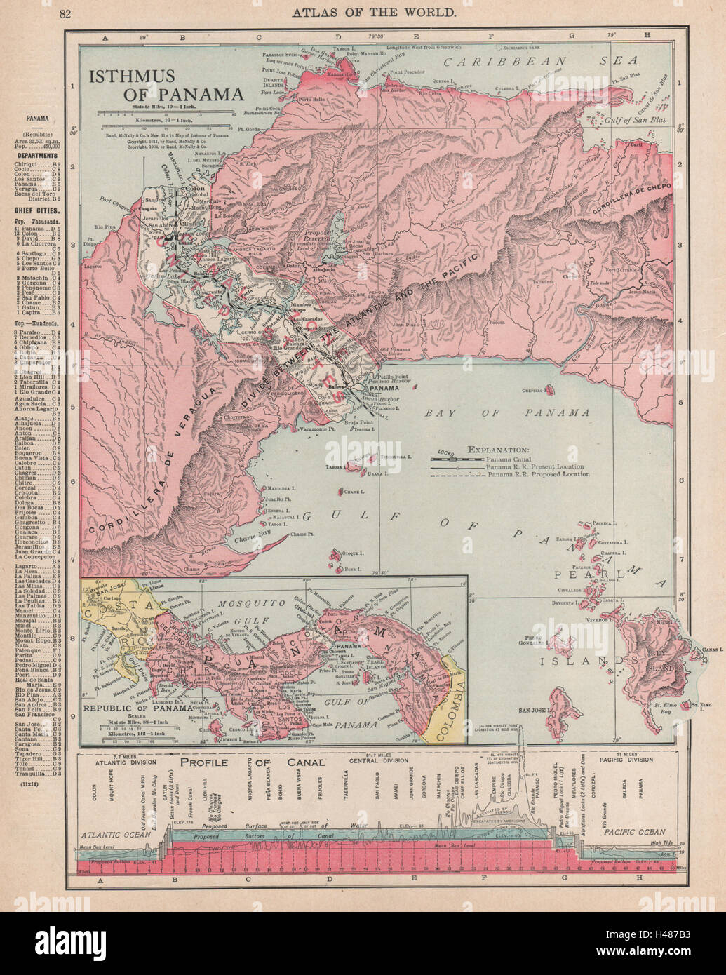 PANAMA. Isthmus, Republic, Canal zone & profile. RAND MCNALLY 1912 old map Stock Photo