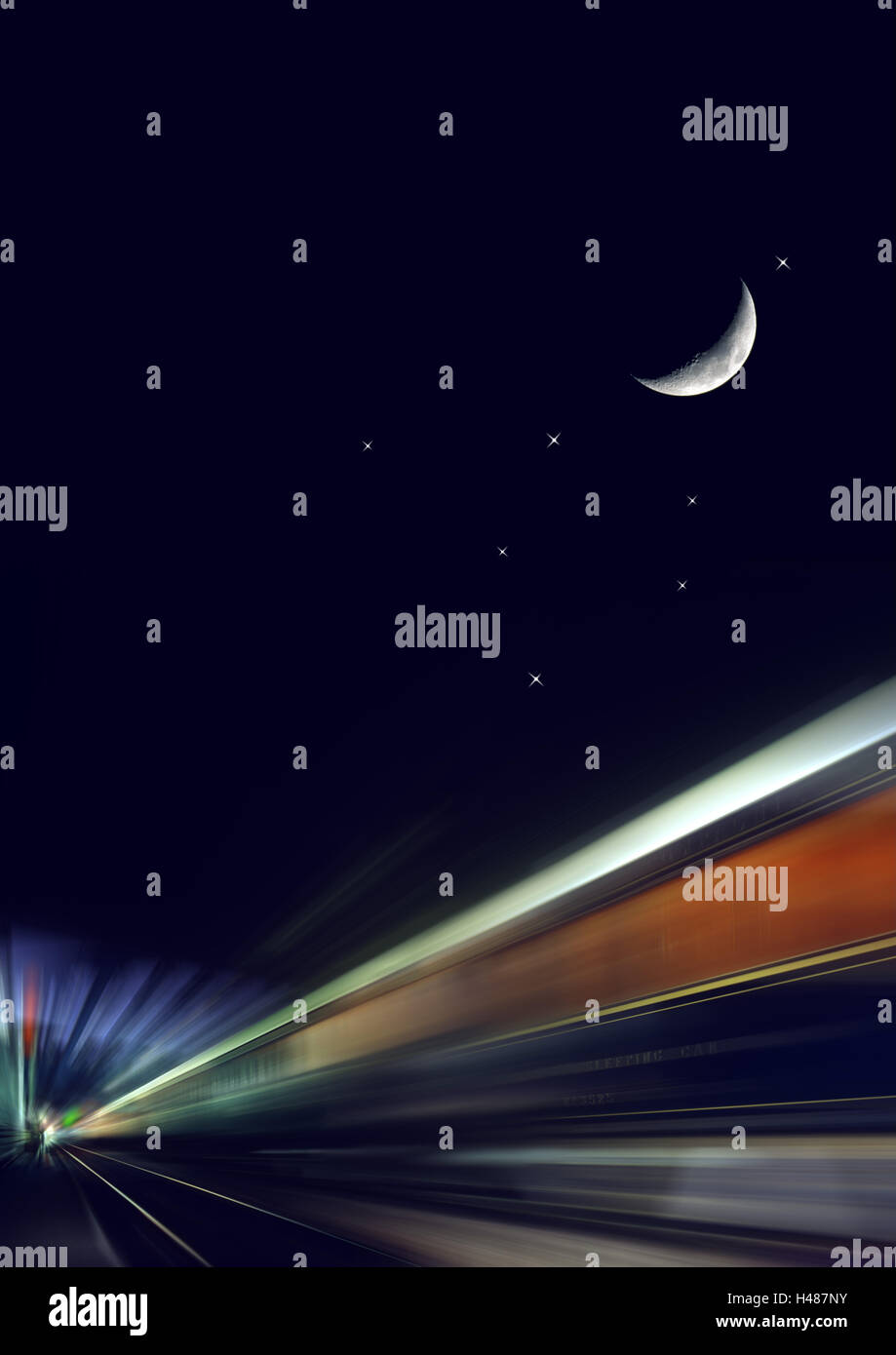 France, Paris, Gare de l'Est, passenger train, sleeping car, moon, stars, blur, Stock Photo