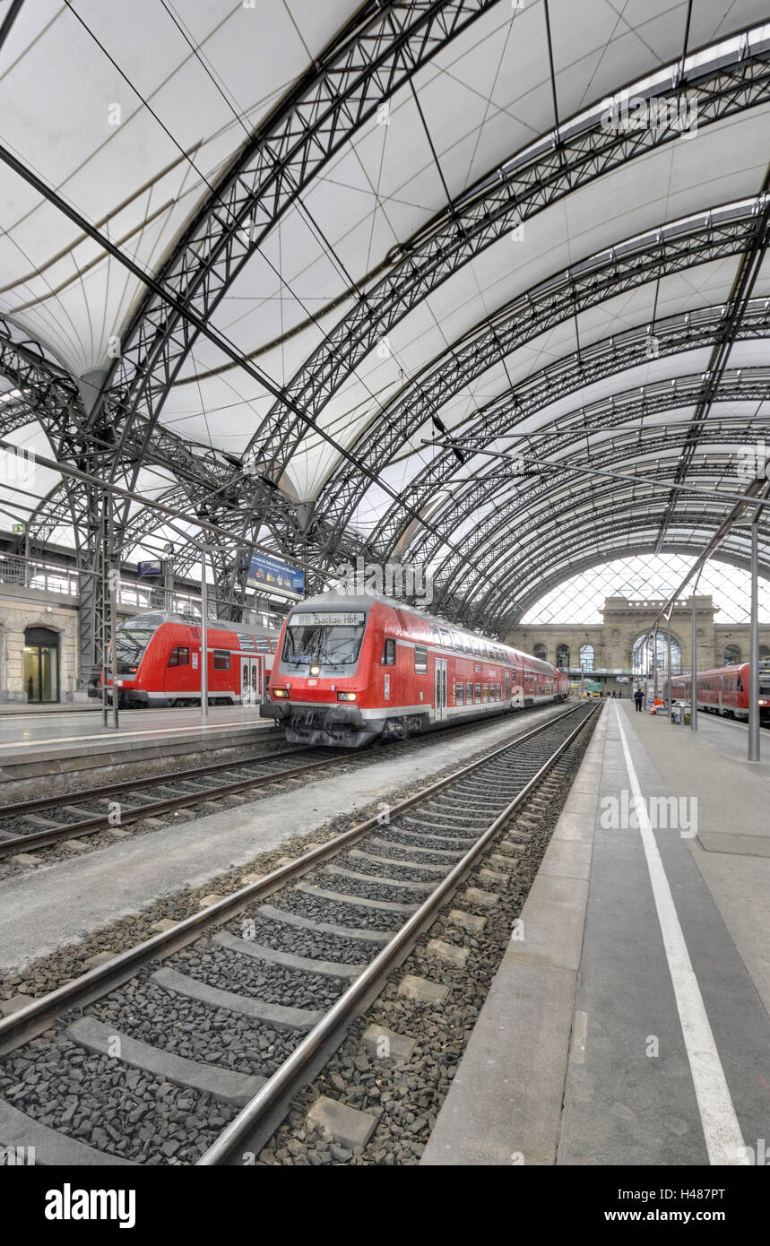 Germany, Saxony, Dresden, central station, trains, platform hall, Stock Photo