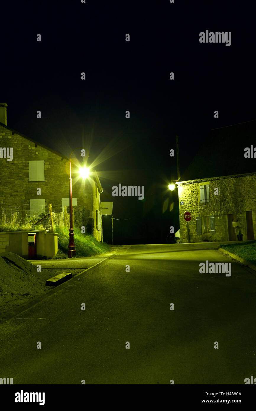 Village, street, At night, illuminateds, Stock Photo