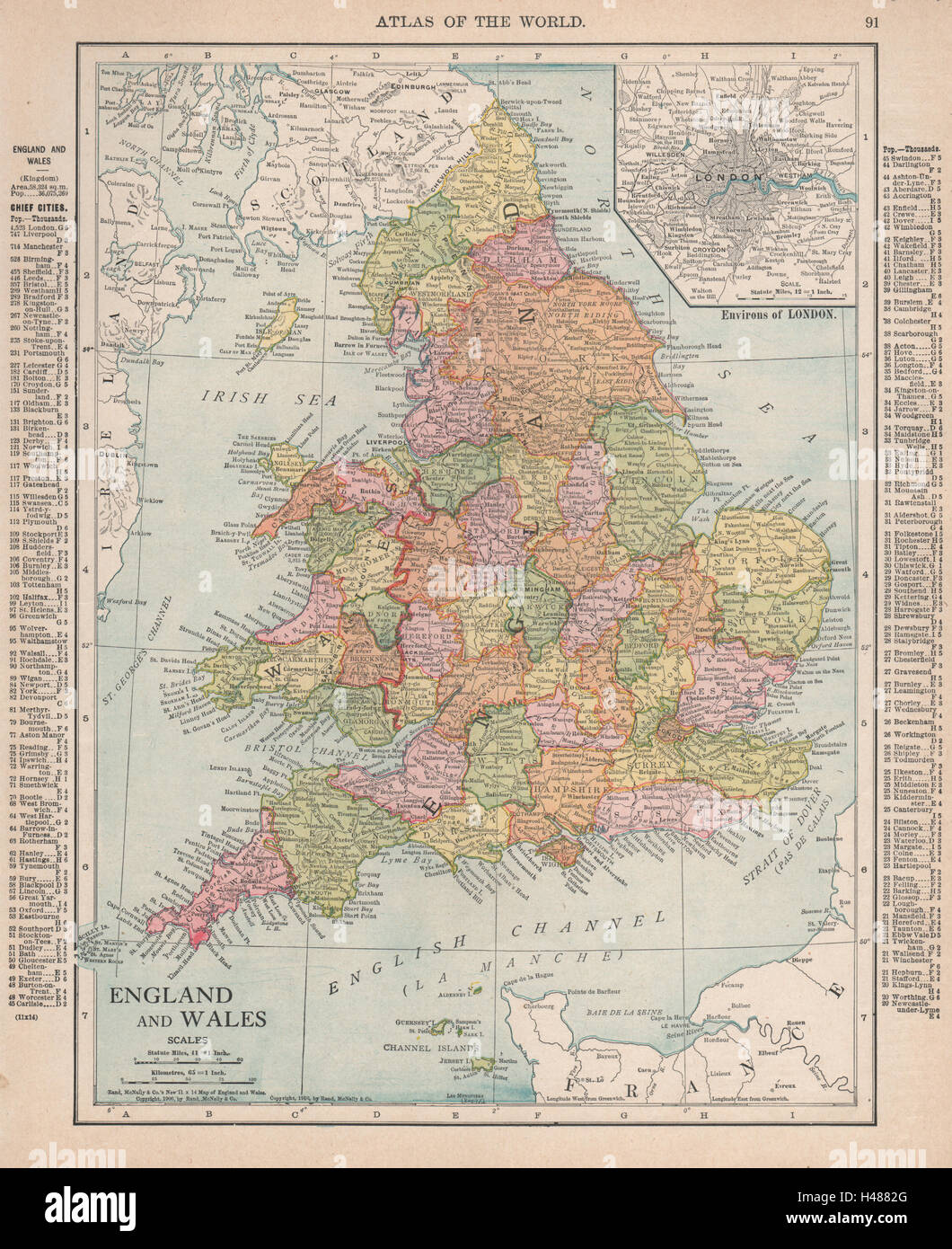 England and Wales. London environs. Great Britain. RAND MCNALLY 1912 old map Stock Photo