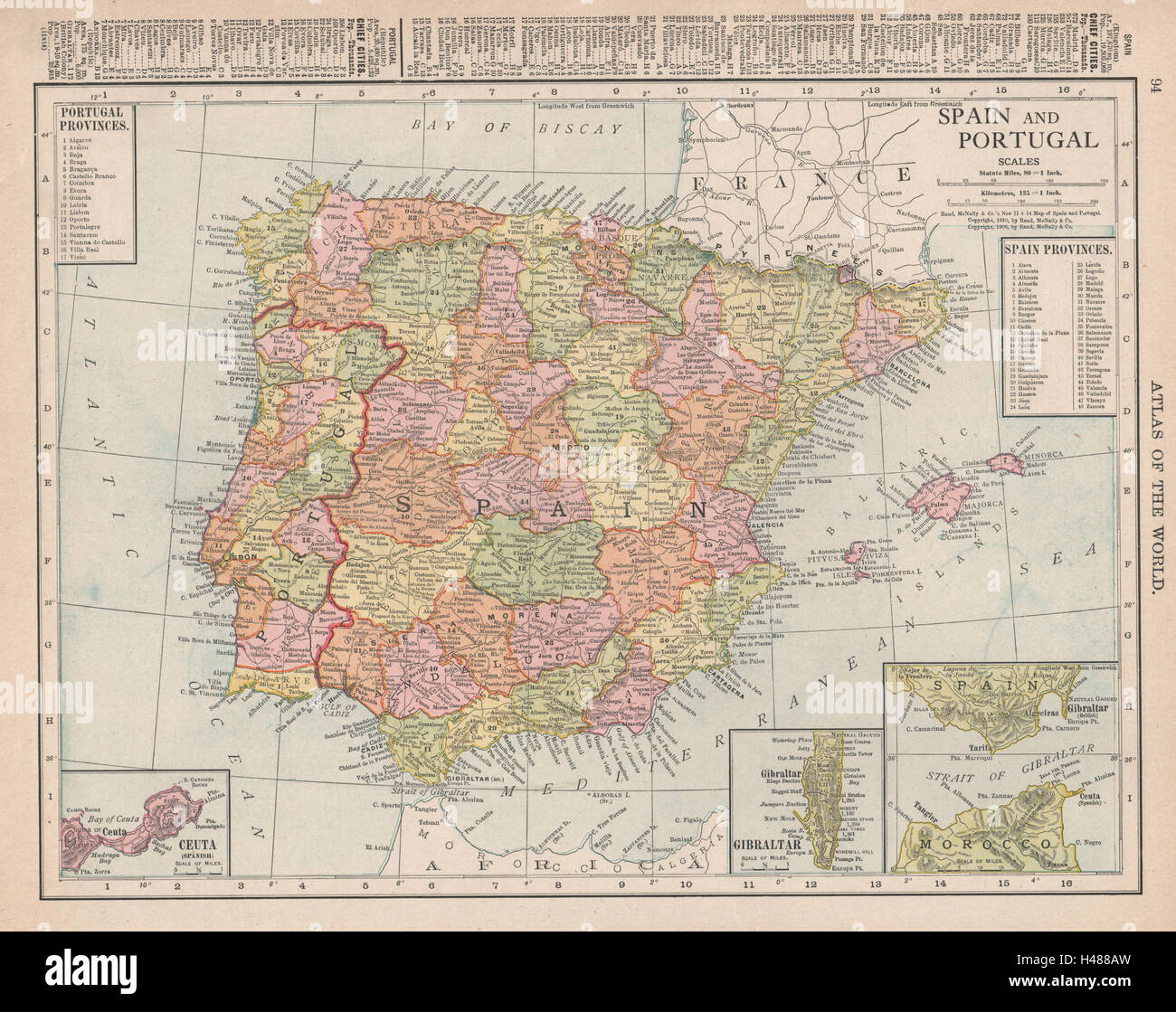 Spain & Portugal. Ceuta. Strait of Gibraltar. Iberia. RAND MCNALLY 1912 map Stock Photo