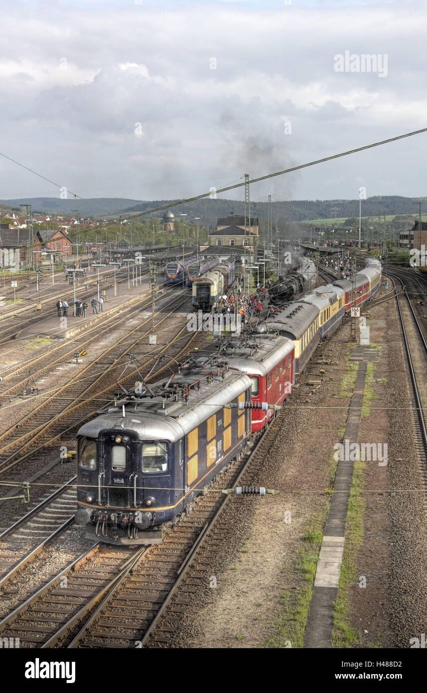 Locomotives, train, tracks, railway station, Stock Photo