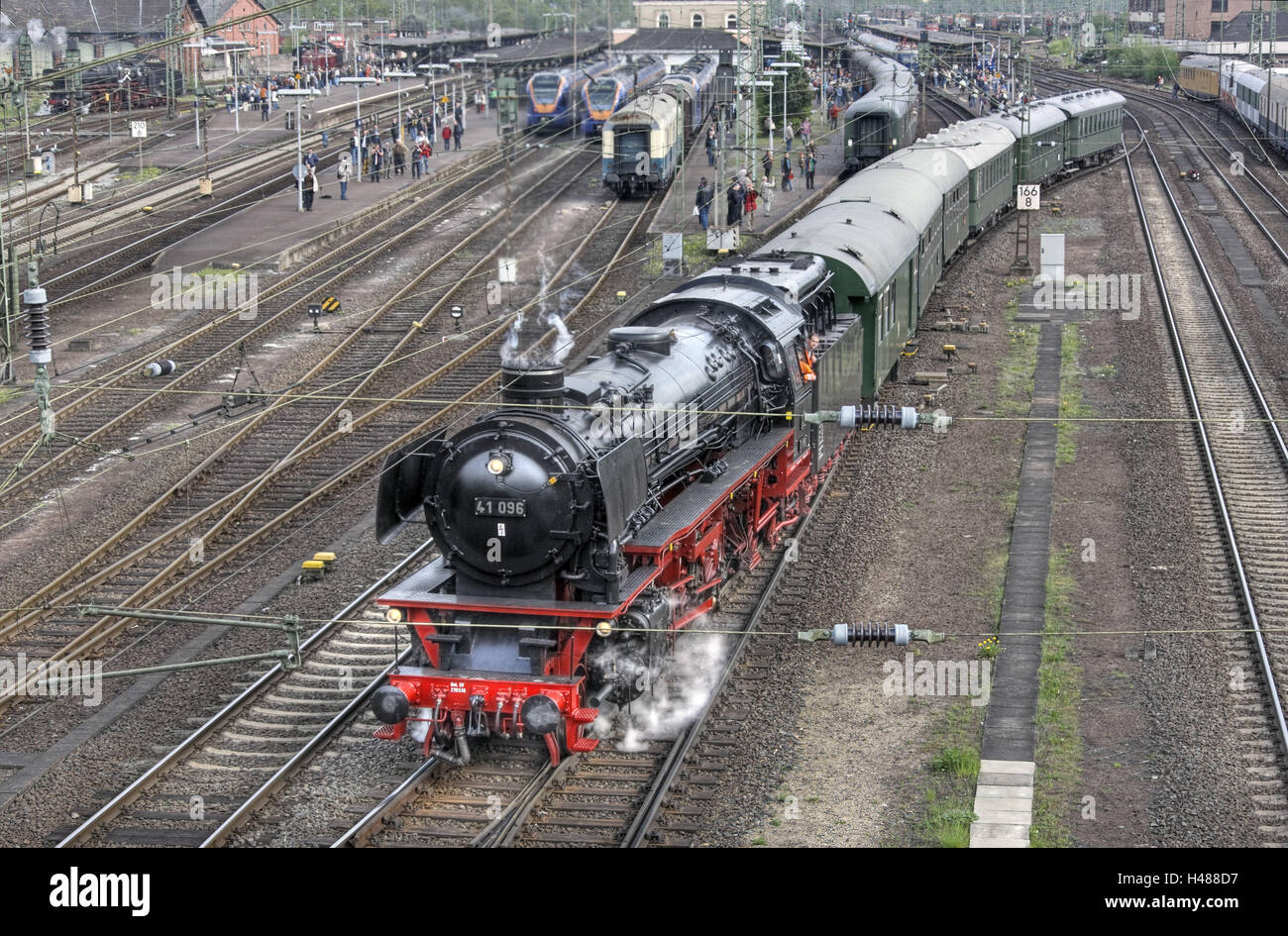 Railway station, passenger train, steam locomotive, Stock Photo