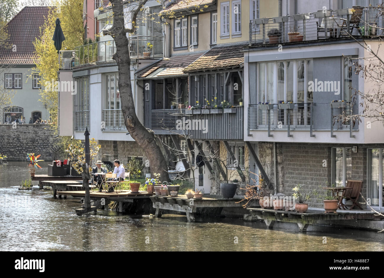Germany, Thuringia, Erfurt, Old Town, river Gera, shore, houses, Stock Photo