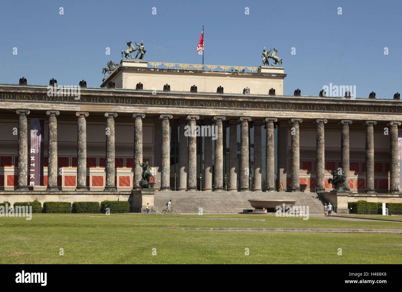 Germany, Berlin, old museum, town, architecture, building, structure, museum, classicism, flag, pillars, figures, statue, meadow, Stock Photo