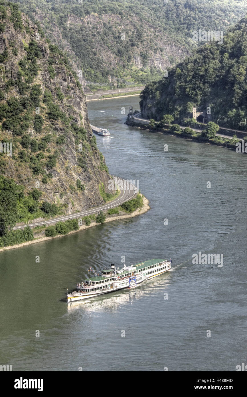 Germany, Rhineland-Palatinate, Loreley, St. Goarshausen, the Rhine, rock, ship, Stock Photo