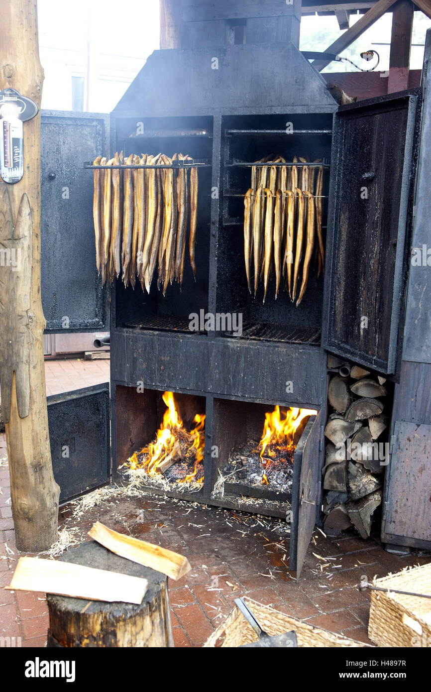 Smoked eel, eel, fish, oven, smoke, serpentine, fire, flames, curing Stock Photo Alamy