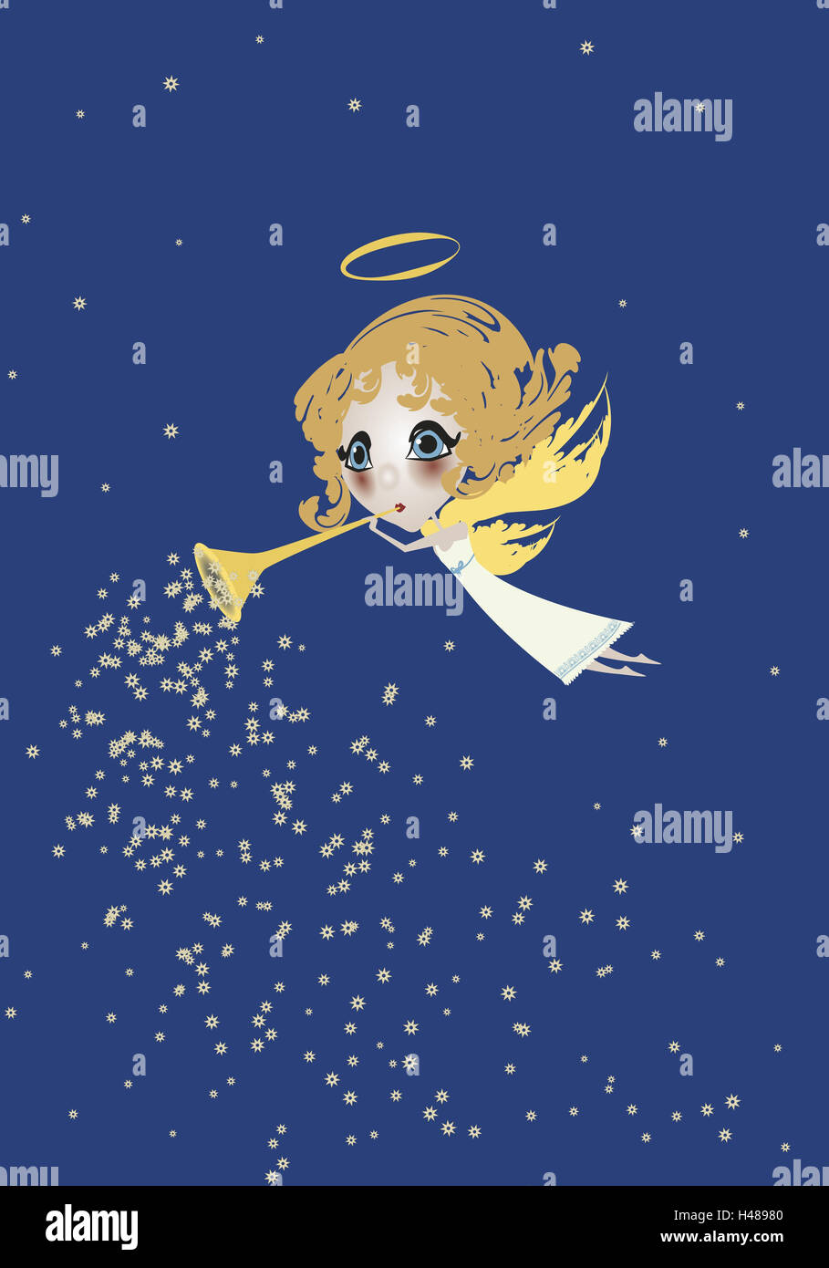 Illustration, sky, angel, blond, trumpet, graphics, stars, celestial body, figure, little angel, infant Jesus, for Christmas, heavenly, halo, wing, fly, play music, make music, trombone, whole bodies, Stern's dust, Stock Photo