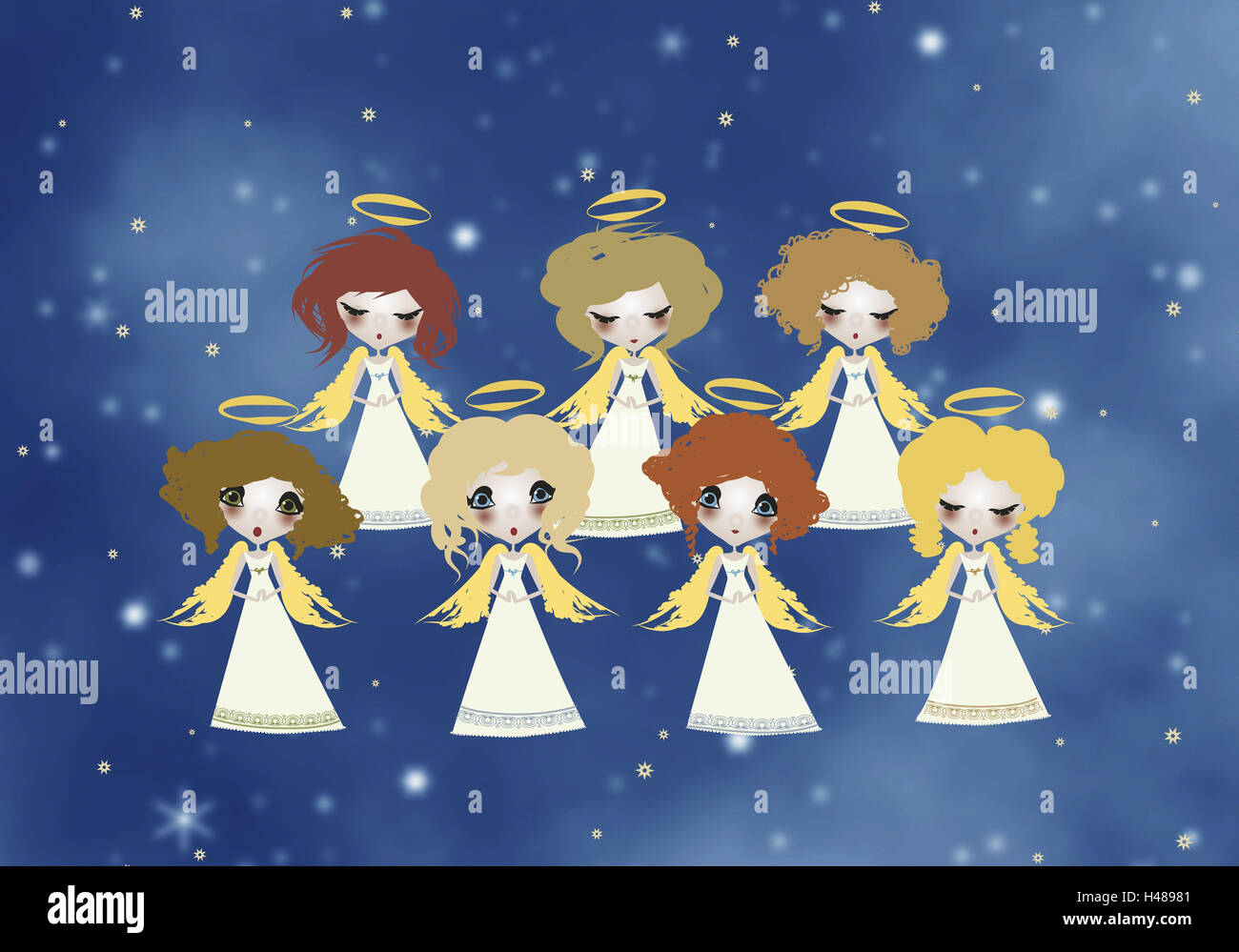 Illustration, sky, angel, seven, choir, sing, graphics, stars, celestial body, figures, little angels, for Christmas, heavenly, differently, halo, wing, fly, music, song, make music, choir of angels, group, together, together, whole body, Stock Photo