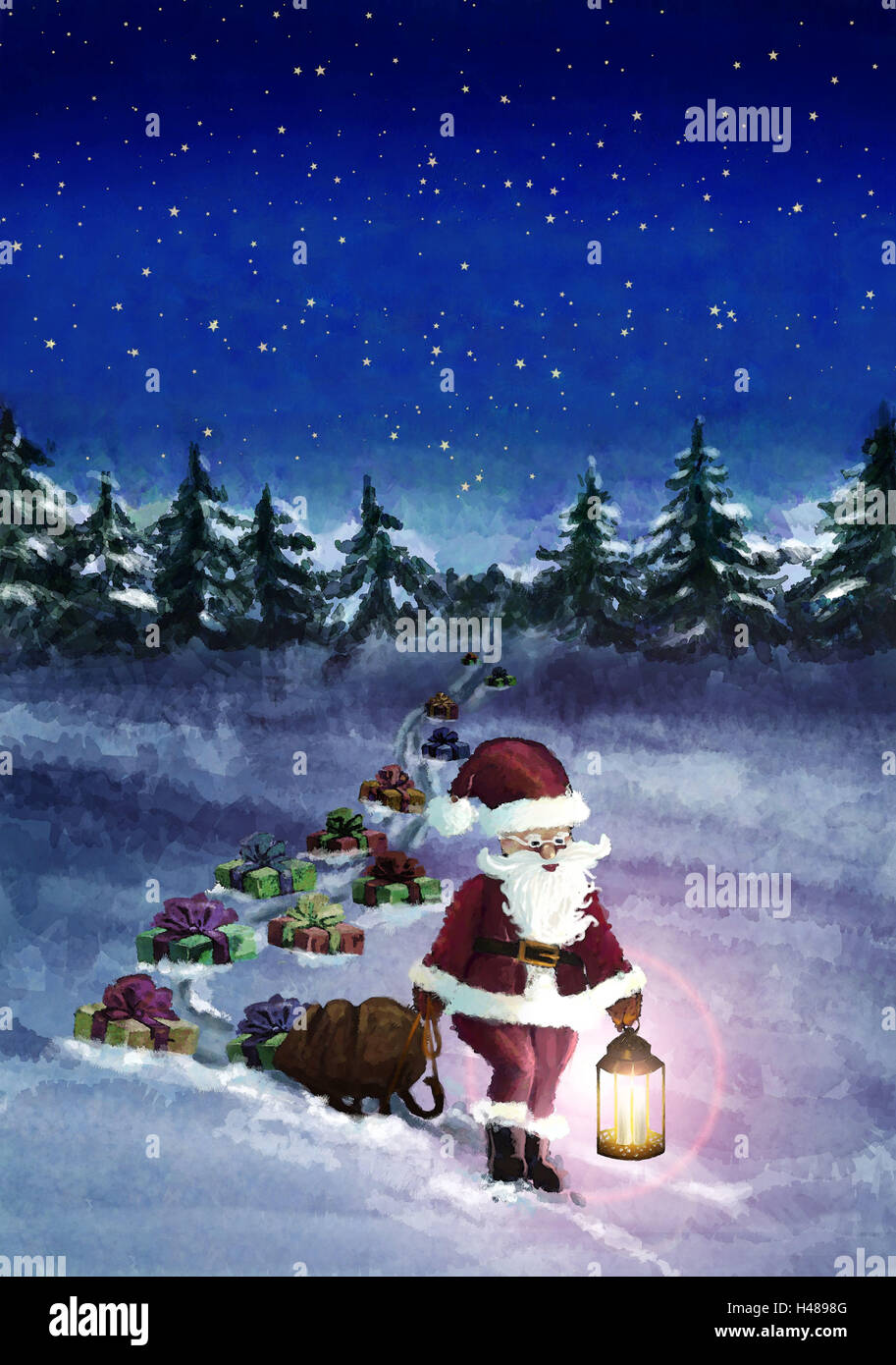 Illustration, wood, Santa Claus, slide, drag, presents, lose, lantern,  evening, subscription, painting, Christmas, for Christmas, wintry, winter  scenery, winter wood, trees, scenery, edge of the forest, snow, Santa  Claus, go, track, sleigh