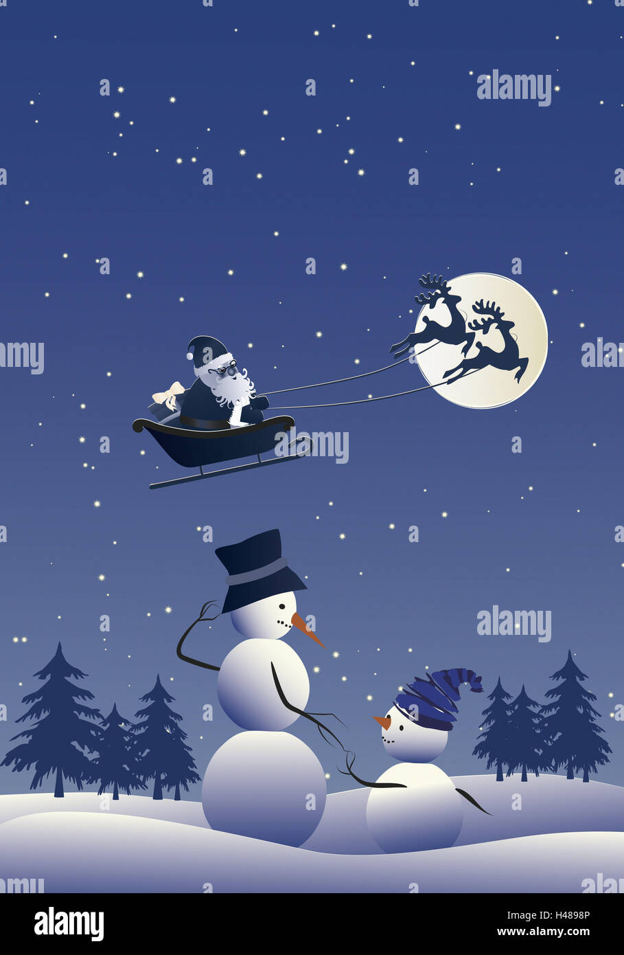 Illustration, Santa Claus, reindeer sleigh, fly, snowmen, two, wood, moonlit night, graphics, Christmas, for Christmas, wintry, snow figures, largely, small, family, friends, together, together, smile, distribute happy, happy, winter scenery, winter wood, Stock Photo