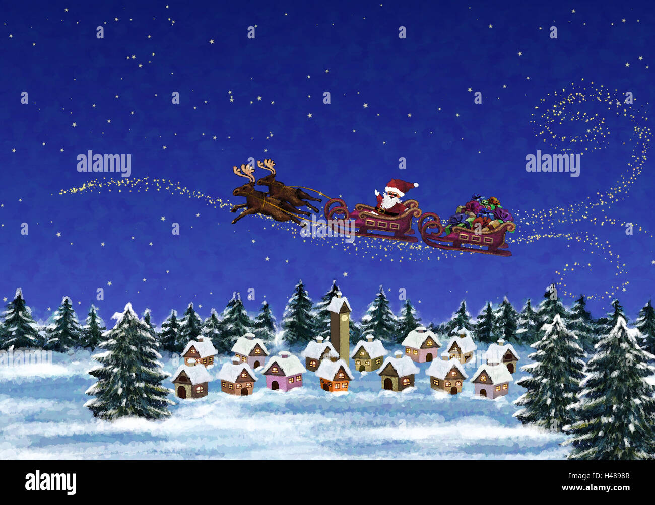 Illustration, village, Santa Claus, reindeer sleigh, fly, distribute Christmas presents, evening, subscription, painting, Christmas, for Christmas, wintry, wood, winter scenery, winter wood, trees, scenery, edge of the forest, snow, Santa Claus, flight, s Stock Photo