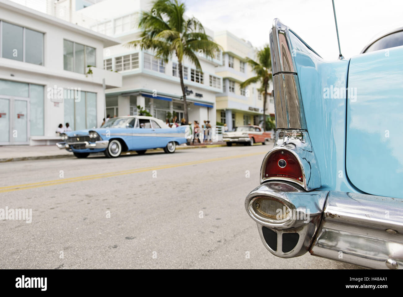 Tail view, tail fin, Chevrolet Bel Air, year of manufacture 1957, the fifties, American vintage car, Ocean Drive, Miami South Beach, Art Deco District, Florida, USA, Stock Photo
