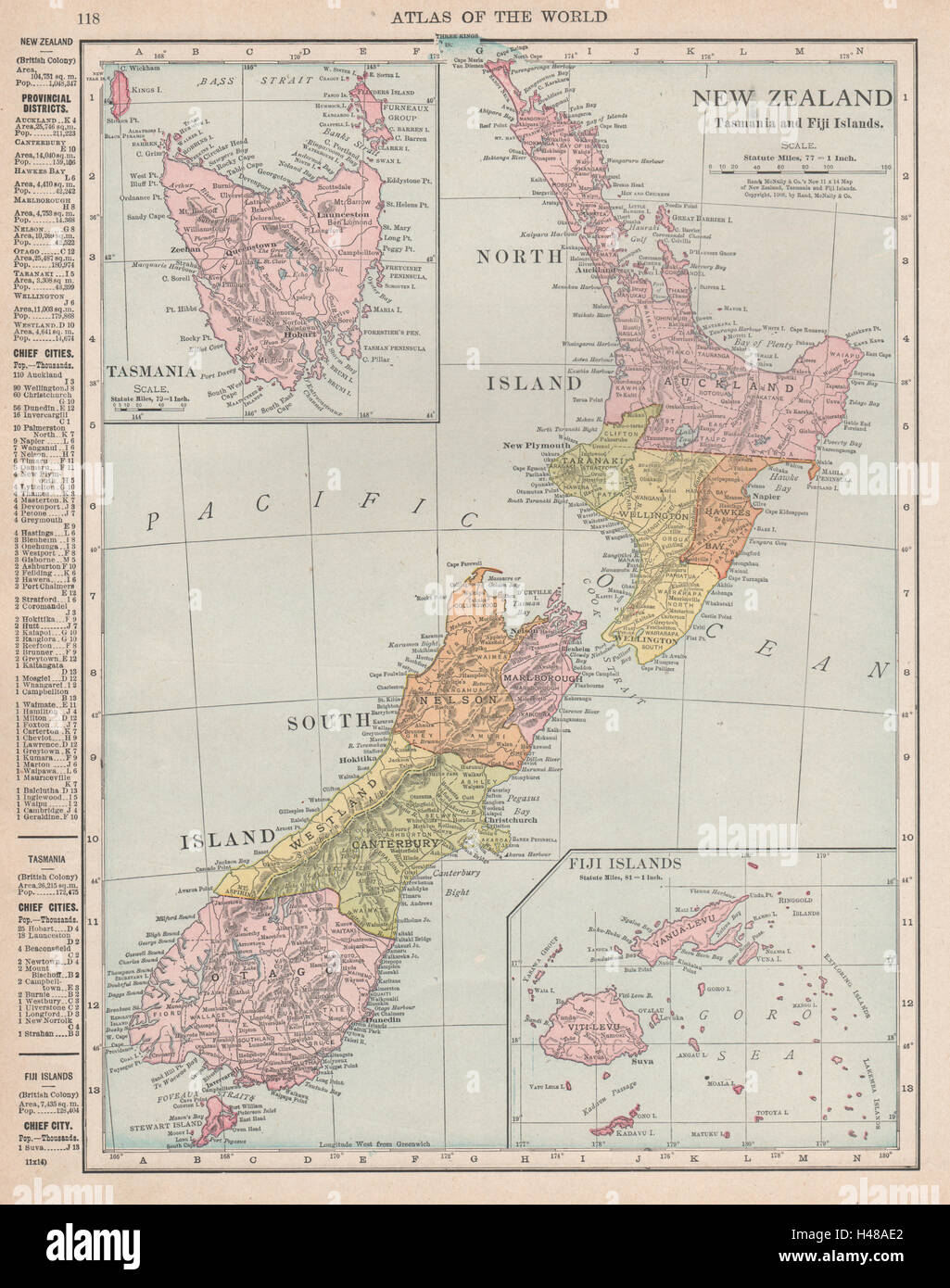 New Zealand, Tasmania and Fiji Islands. RAND MCNALLY 1912 old antique map Stock Photo