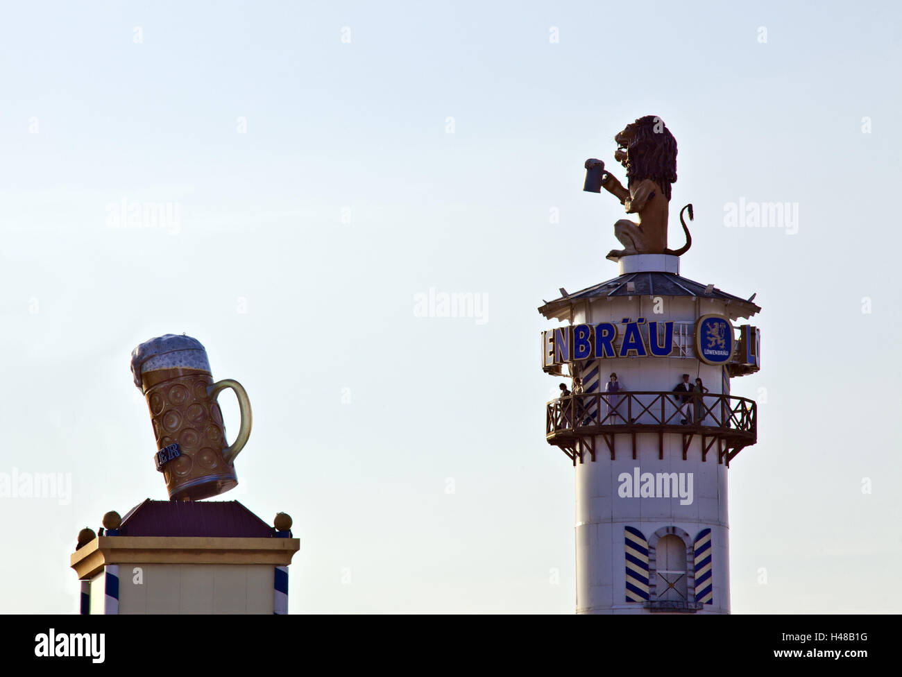 Löwenbräu marquee, detail, lion tower and beer tower at the Oktoberfest in Munich, Stock Photo